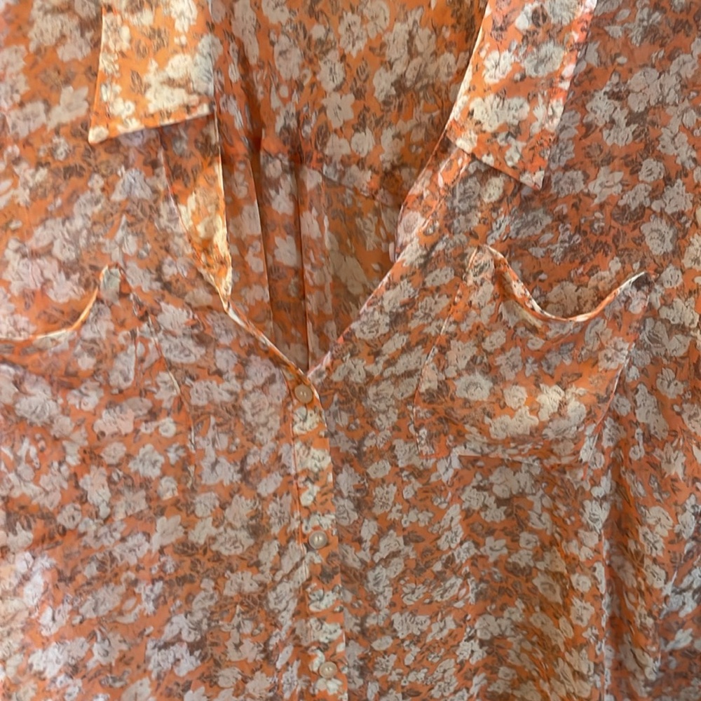 Free People Pale Peach Floral Sheer Button Down Blouse with Front Pockets - Picture 3 of 6